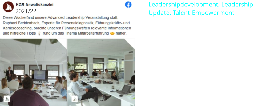 2021/22 Leadershipdevelopment, Leadership-Update, Talent-Empowerment Um innovativ und beweglich zu bleiben, müssen Führungskräfte und Mitarbeitende beständig auf dem Laufenden sein, neue Rollen, Aufgaben und Haltungen entwickeln, sich kontinuierlich reflektieren. Das sind zwar Herausforderungen. Zugleich bietet das einen riesigen Möglichkeitsraum mit Chancen für Veränderung, Wachstum und Entwicklung. Speziell für Rechtsanwaltskanzleien bieten wir Workshops an, die den Unterschied machen.